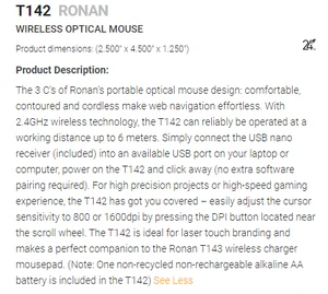 T142 - Ronan Wireless optical mouse $25.80 ( price includes a laser logo) minimum 25 units