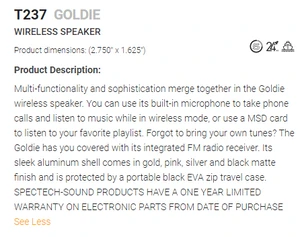 T237 - Goldie Wireless Speaker $31.80 ( price includes laser logo ) minimum 25