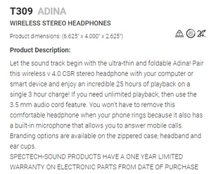 T309 - Adina Wireless  stereo Headphones $90.50 ( includes 1 color print logo) minimum 10