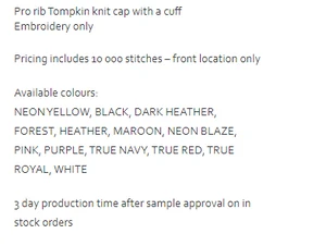 TKN24 - Cap America Tompkin knit cuff toque $13.00 ( price includes  up to 10,000 stitch embroidered logo) minimum 48