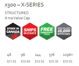 X300 - Cap America x series value 6 panel cap $10.75 - promotional products - ( price includes 10,000 stitch embroidered logo) minimum 48